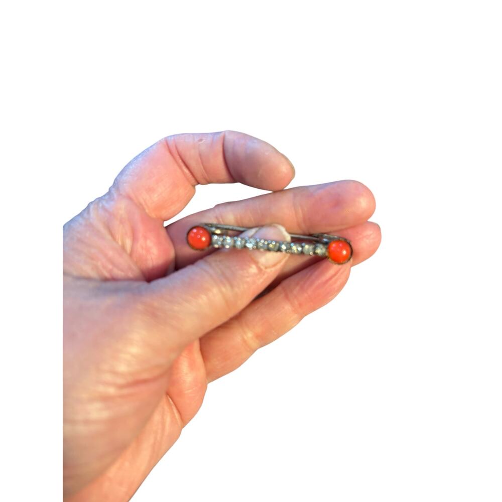 Vintage Rhinestone Safety Pin Brooch Red Glass Ends Silver Tone Industrial Chic